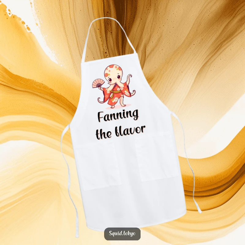 Funny Kawaii Octopus Apron: Cute octopus in a floral kimono performing a fan dance, perfect for a stylish kitchen.