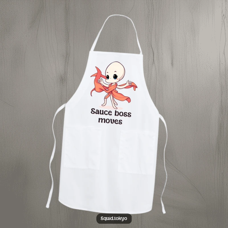 Funny Kawaii squid character twirling a vibrant silk sash on an apron, adding artistic humor to the kitchen.
