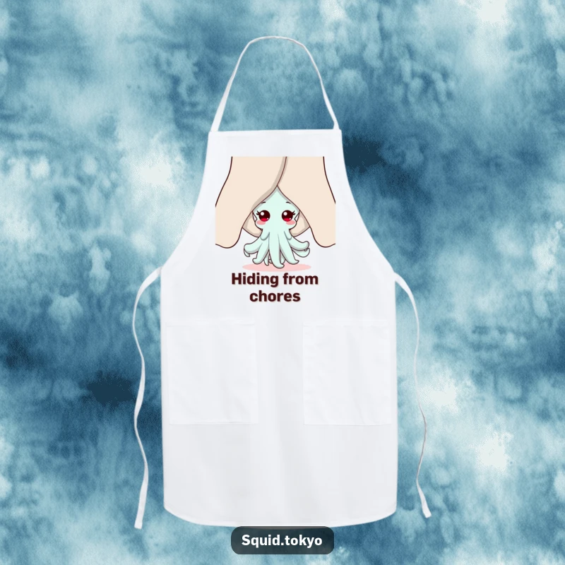 Funny Kawaii squid apron, peeking shyly from behind sleeves, adding a touch of playful charm to kitchen chores, perfect for anime fans.
