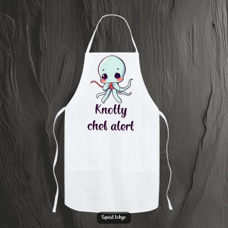 Funny Kawaii squid apron, focused on tying a decorative knot, adding cute skill and humor to kitchen tasks for anime lovers.