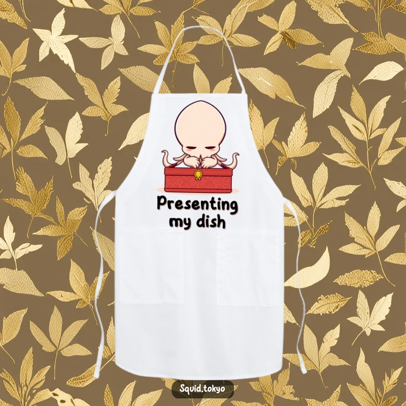 Funny delighted Kawaii squid bowing elegantly with a lacquered box on an apron, adding polite humor to the kitchen.