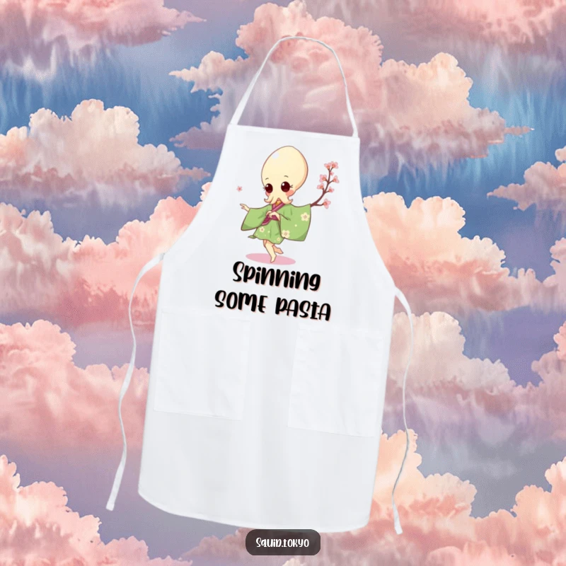 Funny Kawaii Squid Apron: Cute squid in a green kimono doing a pirouette, perfect for a stylish kitchen.