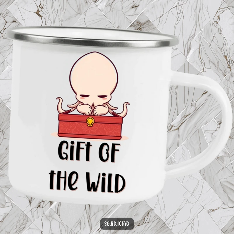 Funny delighted Kawaii squid bowing elegantly with a lacquered box on a durable camping mug, for sophisticated outdoor fun.