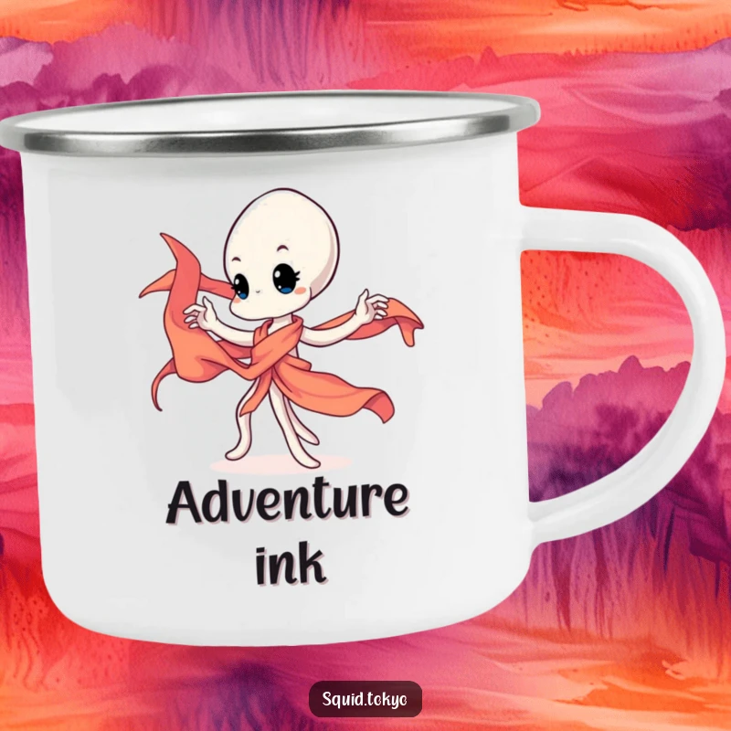 Funny Kawaii squid gracefully twirling a vibrant silk sash on a durable camping mug, for artistic outdoor fun.