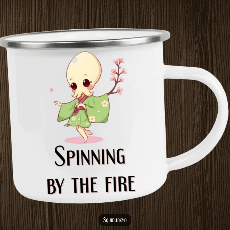 Funny Kawaii Squid Camping Mug: Cute squid in a green kimono doing a pirouette, durable and humorous for adventures.