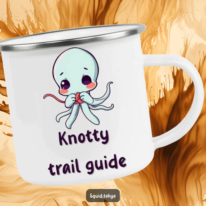 Funny Kawaii squid enamel camping mug, focused on tying a decorative knot, ready for adventures with cute skill and anime charm.