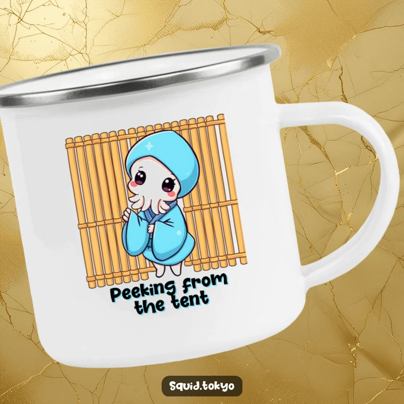 Funny Kawaii Squid Camping Mug: Cute squid in a blue kimono peeking from behind a bamboo screen, durable and humorous.