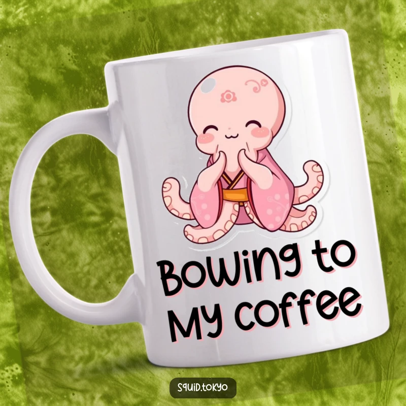 Funny Kawaii Octopus Mug: Happy octopus in a pink patterned kimono bowing elegantly with a gentle smile, polite and cute.