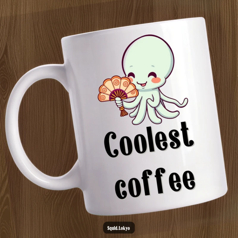 Funny cheerful Kawaii squid character holding a tiny ornate fan, a delightful and humorous mug for gift-giving.