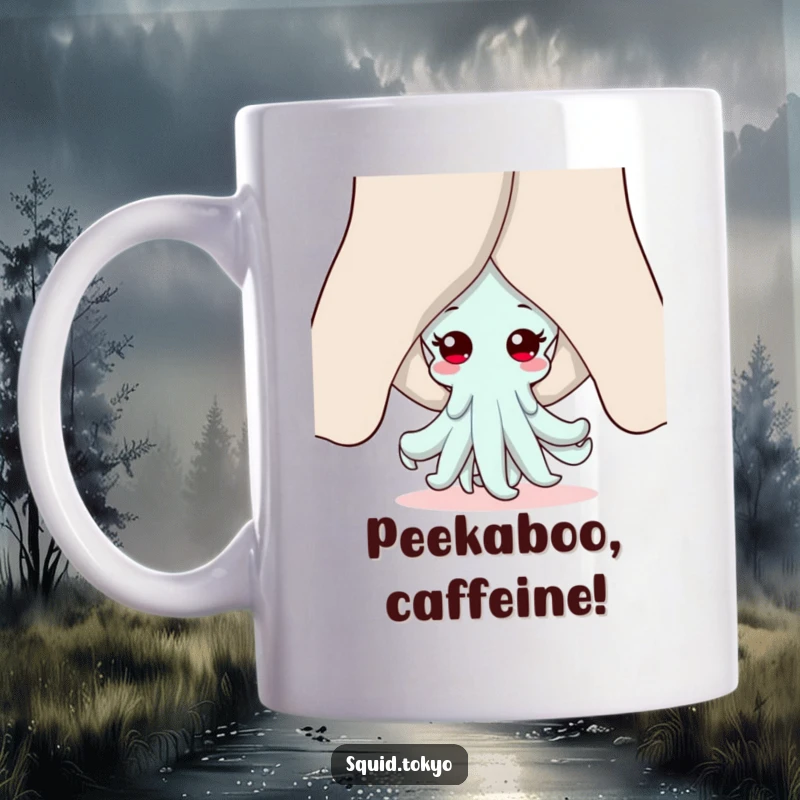 Funny Kawaii squid mug, peeking playfully from behind oversized sleeves, sharing a moment of shy amusement and adorable charm.
