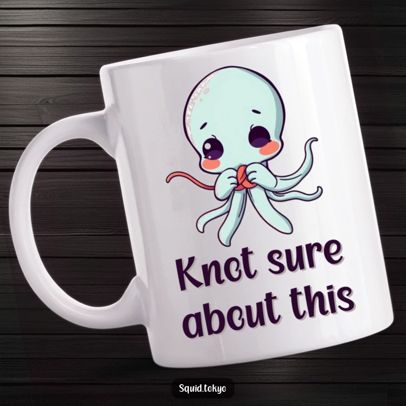 Funny Kawaii squid mug, focused on tying a decorative knot with its tentacles, showing curiosity and a playful, determined spirit.