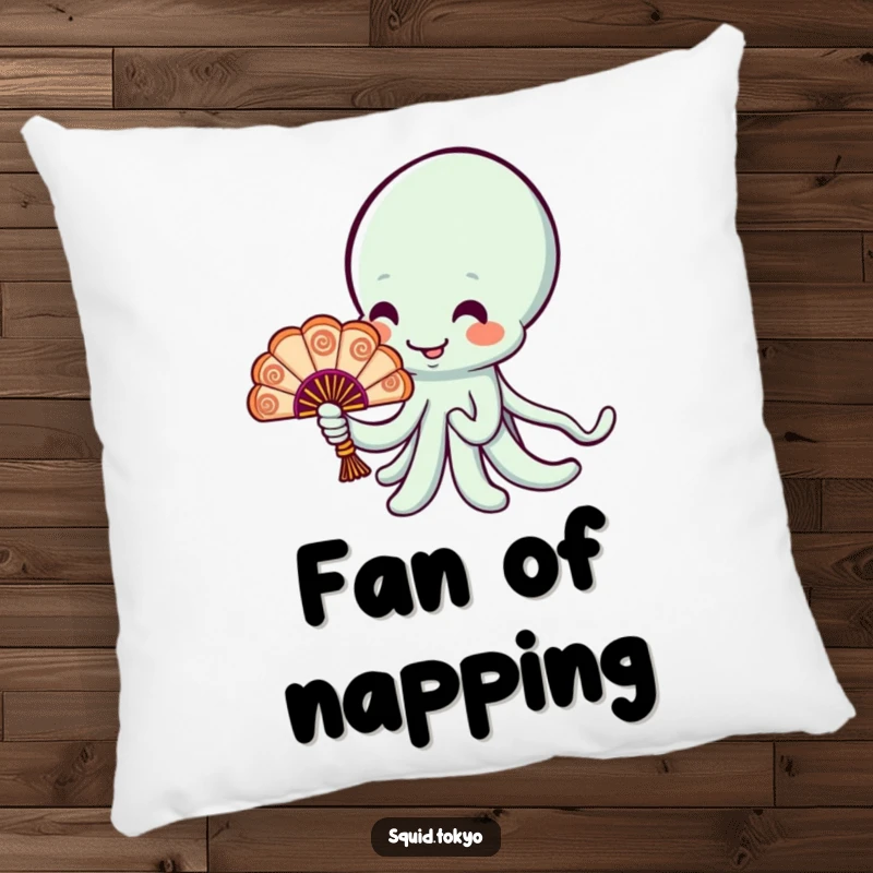 Funny cheerful Kawaii squid holding a tiny ornate fan on a soft pillow, bringing elegant humor.