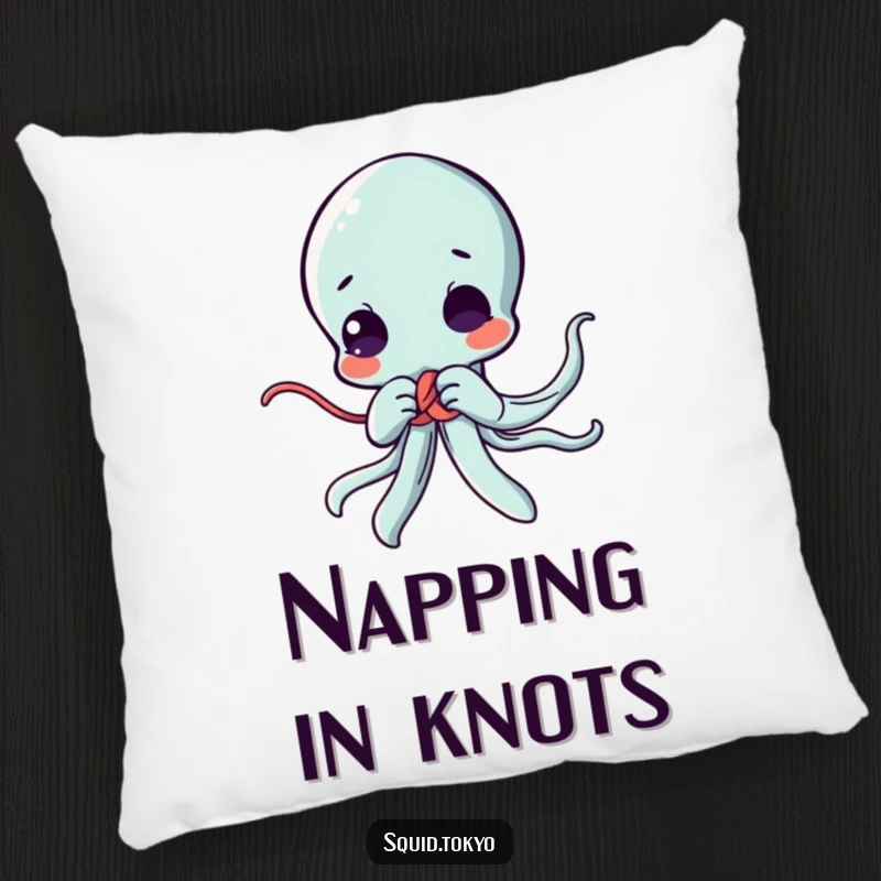 Funny Kawaii squid pillow, concentrating on tying a decorative knot, offering cute comfort and playful artistry for anime enthusiasts.