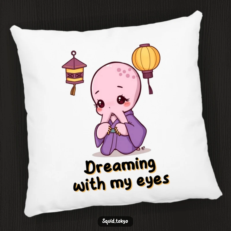 Funny Kawaii Octopus Pillow: Soft cushion with a cute octopus in a purple kimono looking thoughtfully at a paper lantern.