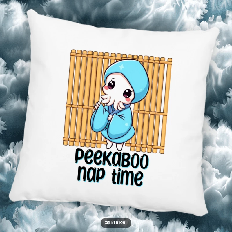 Funny Kawaii Squid Pillow: Soft cushion with a cute squid in a blue kimono peeking from behind a bamboo screen.