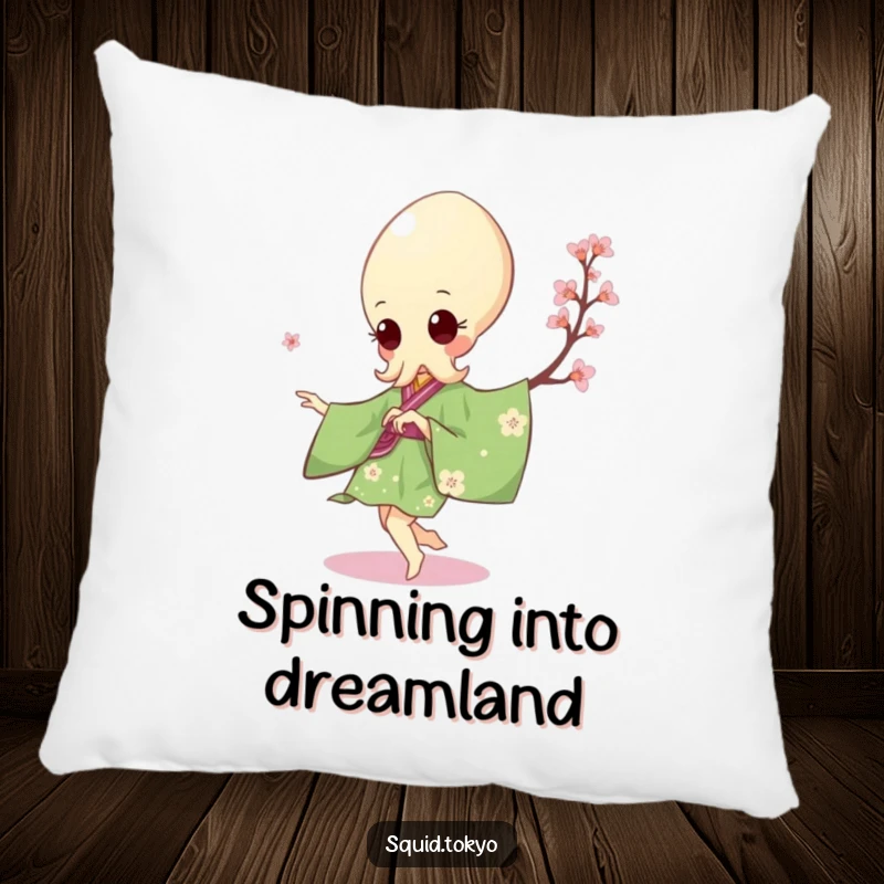 Funny Kawaii Squid Pillow: Soft cushion with a cute squid in a green kimono attempting a pirouette with cherry blossoms.