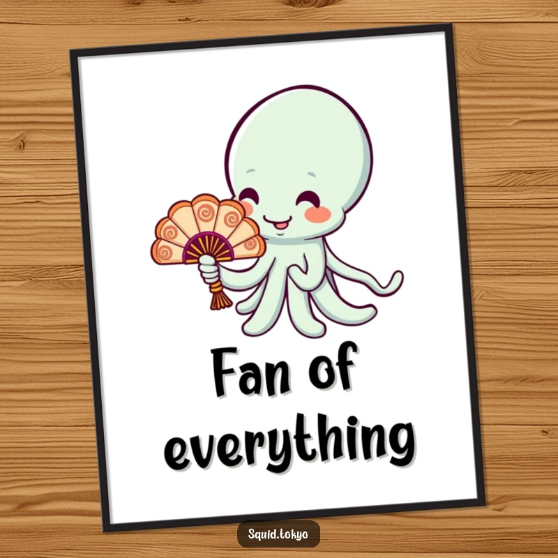 Funny cheerful Kawaii squid holding a tiny ornate fan, charming digital art for instant elegant whimsy.