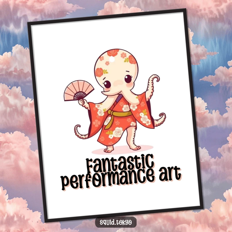 Funny Kawaii Octopus Digital Art Print: Cute octopus in a floral kimono dancing with a fan, downloadable art for humor.