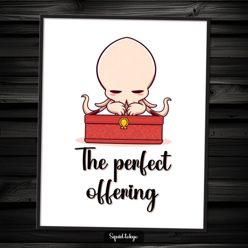 Funny delighted Kawaii squid bowing elegantly with a lacquered box, charming digital art for instant sophisticated whimsy.