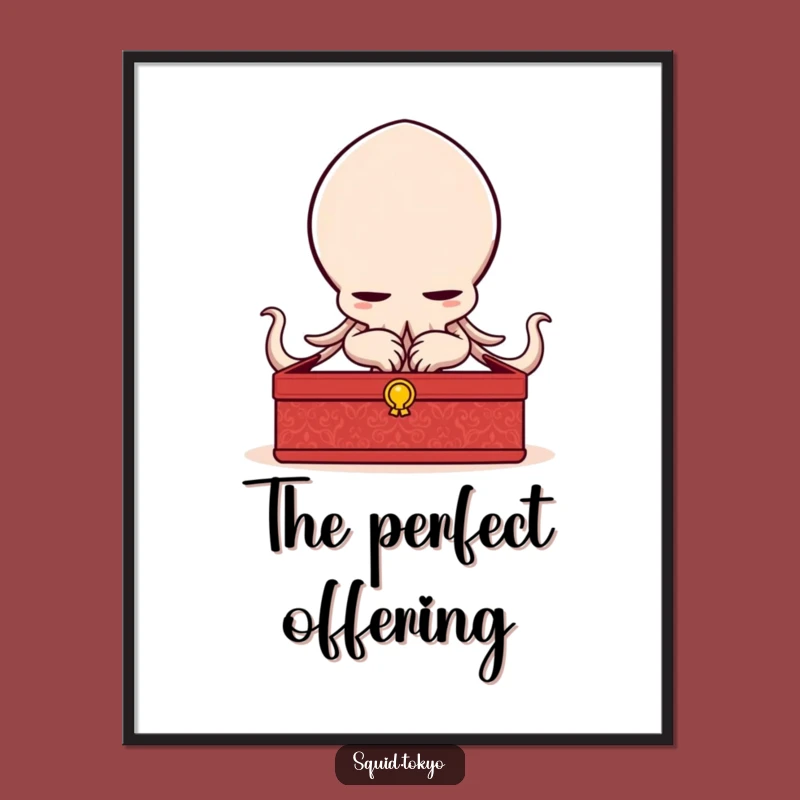 Funny Kawaii Squid Bowing Digital Art - Elegant Character, Lacquered Box, Instant Funny Gift