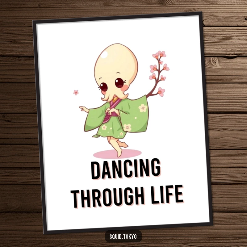 Funny Kawaii Squid Digital Art Print: Cute squid in a green kimono doing a pirouette, downloadable art for dancers.
