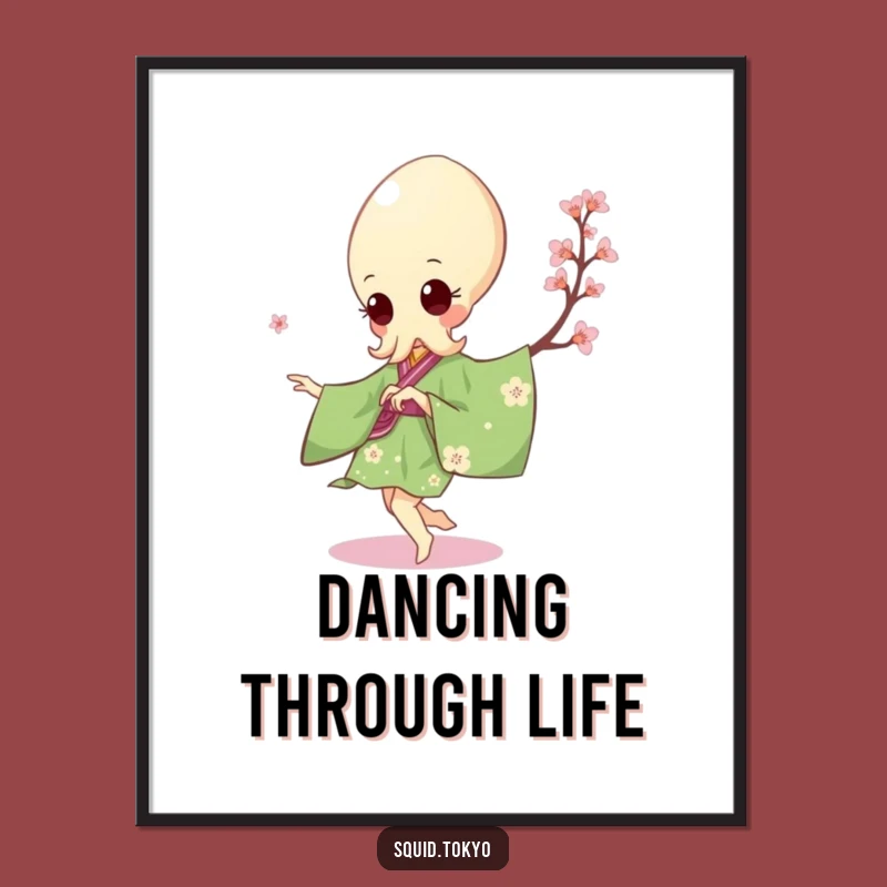 Funny Kawaii Squid Digital Art: Green Kimono Pirouette Print - Instant Gift