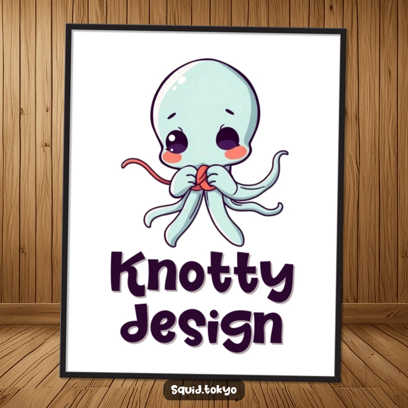 Funny Kawaii squid digital art print, diligently tying a decorative knot, embodying cute concentration and skillful anime artistry.