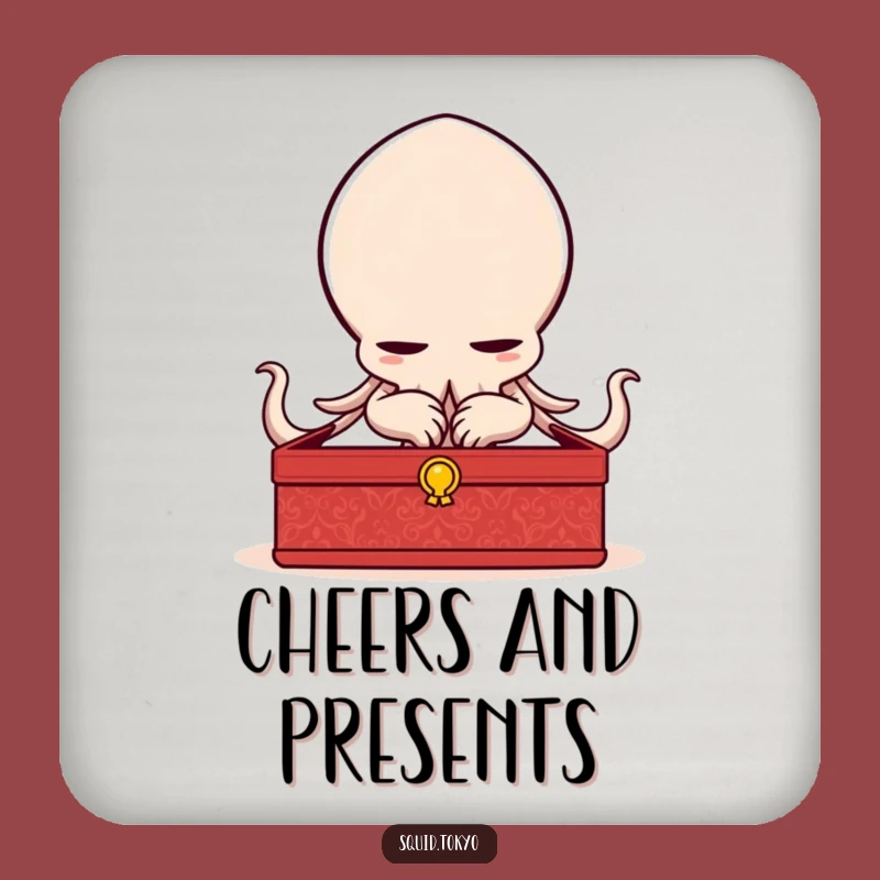 Funny Kawaii Squid Bowing Coaster Set - Elegant Protection, Lacquered Box, Cute Funny Gift