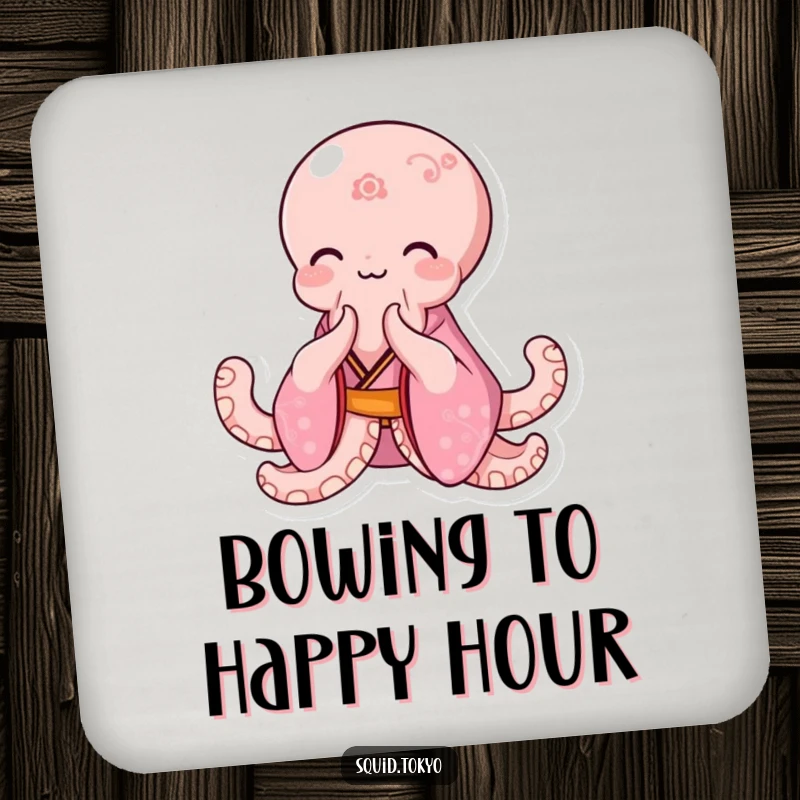 Funny Kawaii Octopus Coaster: Cute octopus in a pink kimono bowing gracefully, protecting surfaces with charm.