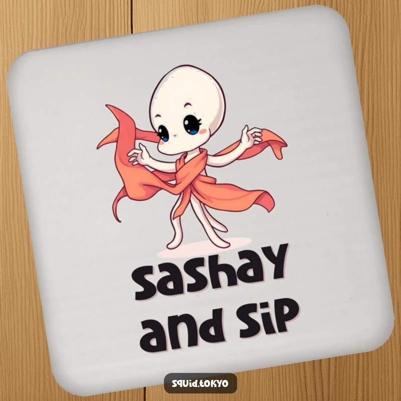 Funny Kawaii squid character twirling a vibrant silk sash on a coaster, protecting surfaces with art.
