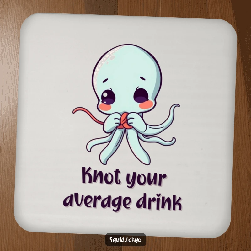 Funny Kawaii squid drink coaster, focused on tying a decorative knot, showcasing cute concentration and skill for anime fans' homes.