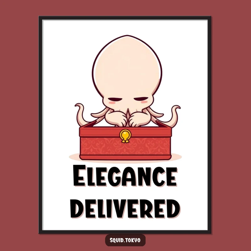 Funny Kawaii Squid Bowing Poster - Elegant Art, Lacquered Box, Whimsical Wall Decor
