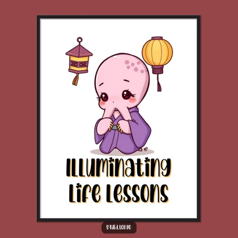 Funny Kawaii Octopus Poster: Purple Kimono Lantern Art Print Gift