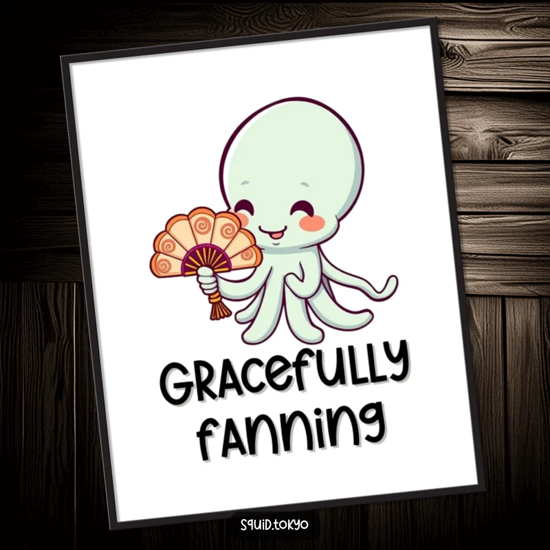 Funny cheerful Kawaii squid holding a tiny ornate fan, charming wall art for adding whimsical humor.
