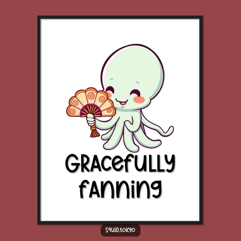 Funny Kawaii Squid Fan Poster - Cheerful Art, Ornate Fan, Whimsical Wall Decor