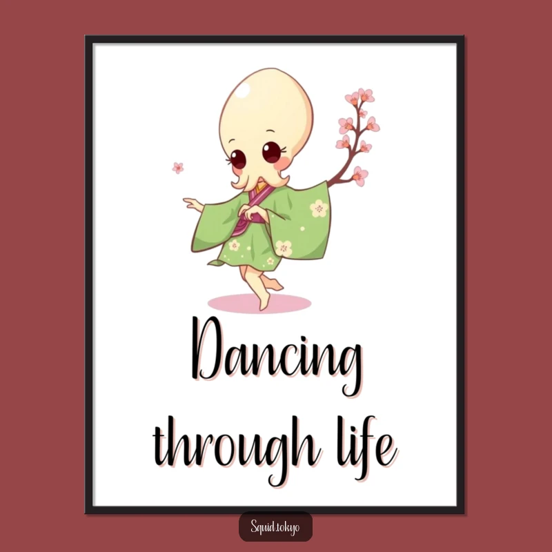 Funny Kawaii Squid Poster: Green Kimono Pirouette Art Print Gift