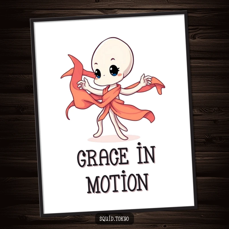 Funny Kawaii squid character gracefully twirling a vibrant silk sash, charming wall art for any fun-loving space.
