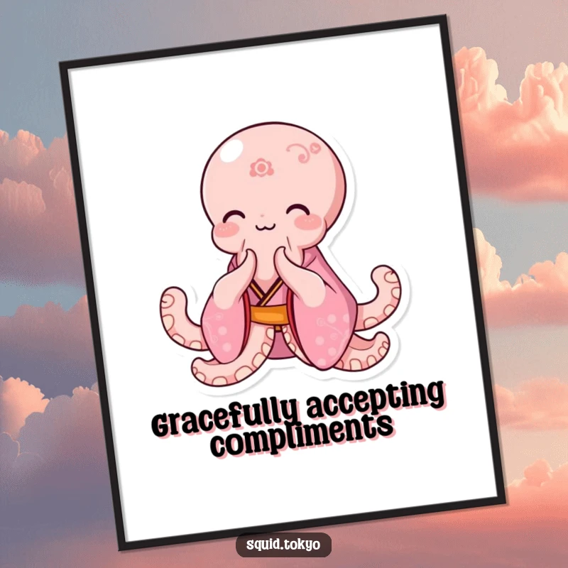 Funny Kawaii Octopus Poster: Cute octopus in a pink kimono bowing elegantly with a gentle smile, charming wall art.