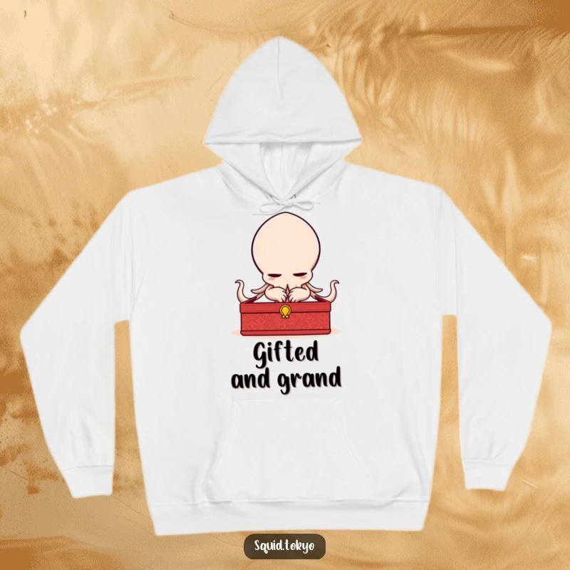 Funny delighted Kawaii squid bowing elegantly with a lacquered box on a cozy hoodie, ideal for fans of refined art.