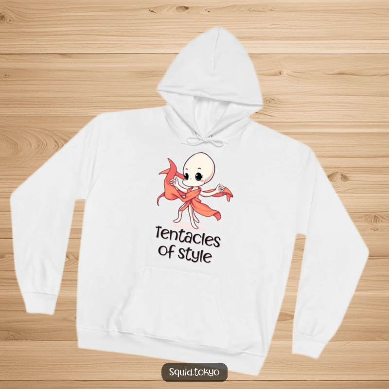 Funny Kawaii squid gracefully twirling a vibrant silk sash on a cozy hoodie, ideal for fans of cute art.