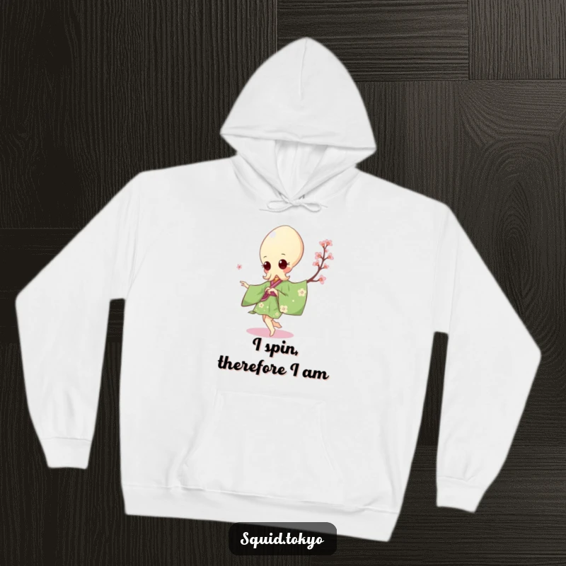 Funny Kawaii Squid Hoodie: Cute squid in a green kimono with cherry blossoms attempting a pirouette, soft and humorous.