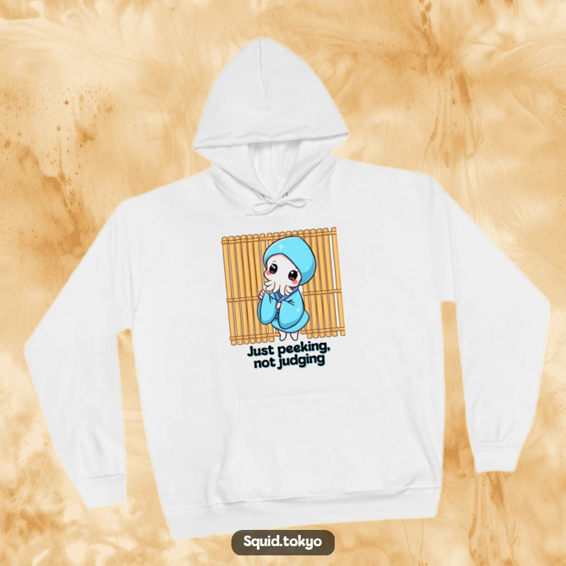 Funny Kawaii Squid Hoodie: Cute squid in a blue kimono playfully peeking from behind a bamboo screen, cozy and humorous.