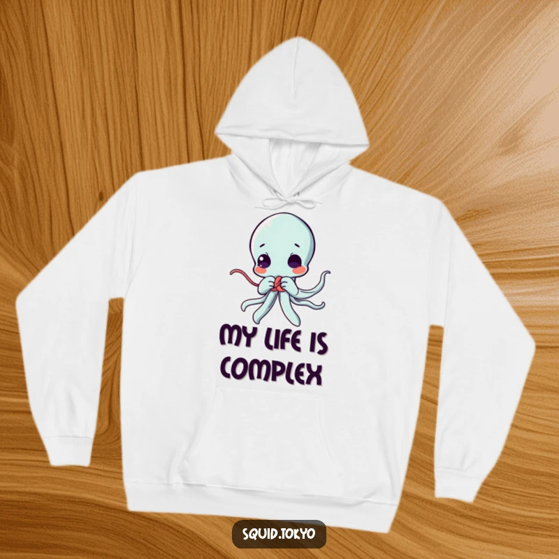 Funny Kawaii squid hoodie, engrossed in tying a decorative knot, radiating cute concentration and playful determination in anime art.