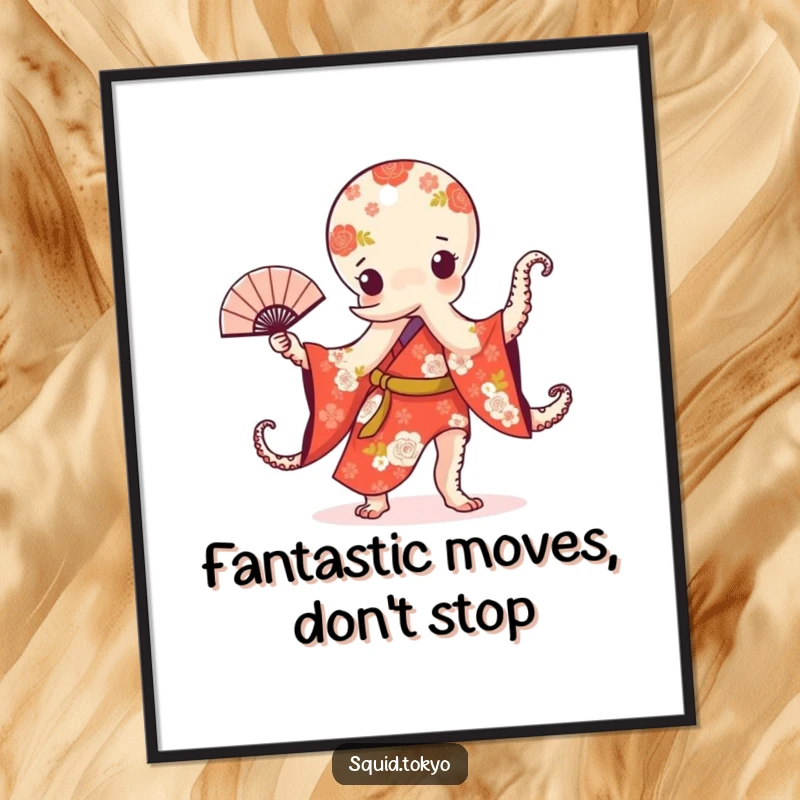 Funny Free Printable Wall Art: Cute Kawaii octopus in floral kimono, gracefully performing a fan dance.