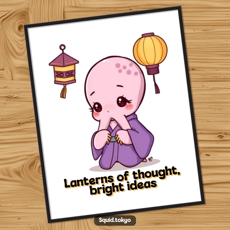Funny Free Printable Wall Art: Curious Kawaii octopus in purple kimono looking thoughtfully at a miniature paper lantern.