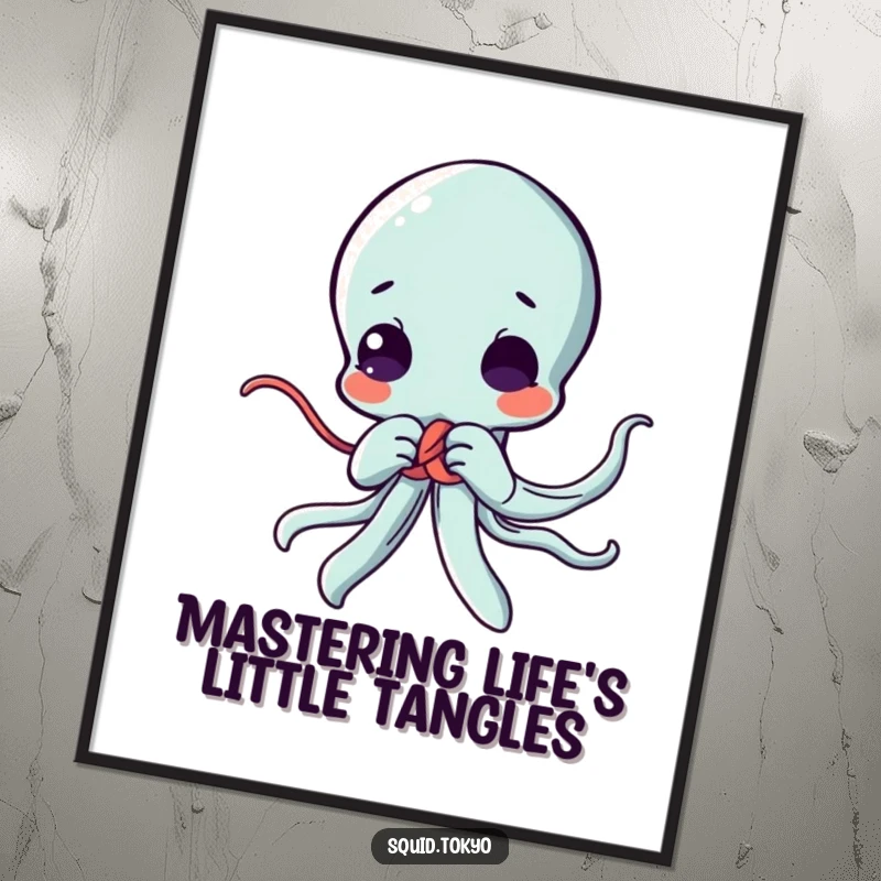 Funny Free Printable Wall Art depicting a diligent Kawaii squid character intently attempting to tie a complicated decorative knot.