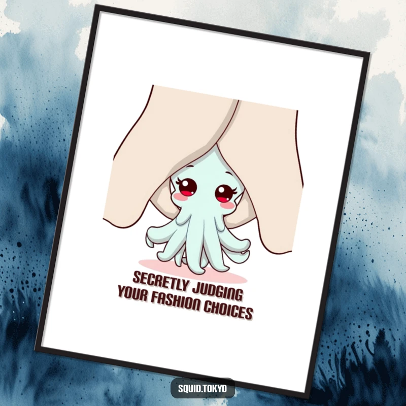 Funny Free Printable Wall Art featuring a curious Kawaii squid character peeking playfully from behind giant, flowing sleeves.