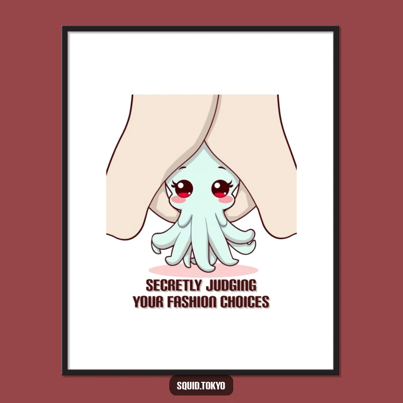 Free Printable Wall Art: Funny Kawaii Squid Peeking, Quirky Downloadable Art Gift