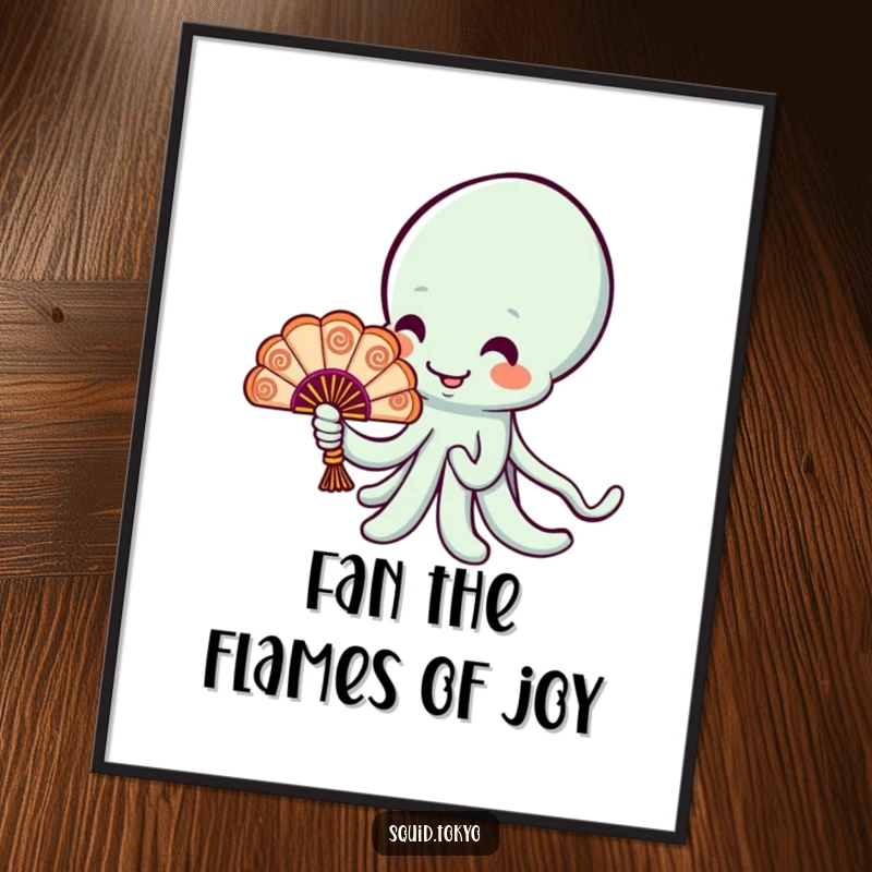 Funny Free Printable Wall Art of a cheerful Kawaii squid character holding a tiny, ornate fan, exuding refined charm.