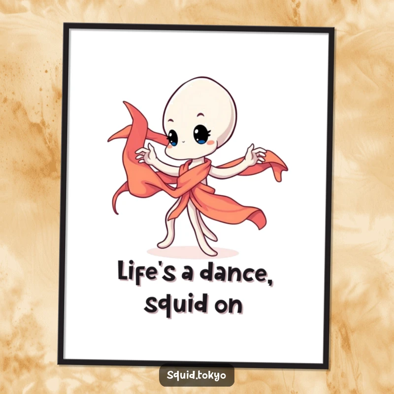 Funny Free Printable Wall Art of a Kawaii squid character gracefully twirling a vibrant silk sash, adding artistic charm.